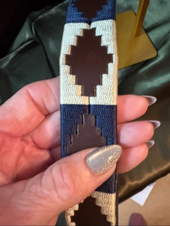 Woven Geometric Belt in Navy, Cream & Brown - Picture 4 of 5